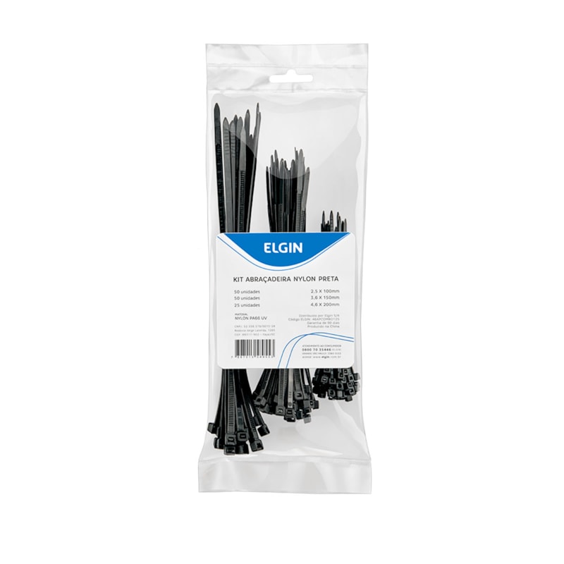 Abraçadeira Nylon Kit com 3 Tamanhos Preto Elgin