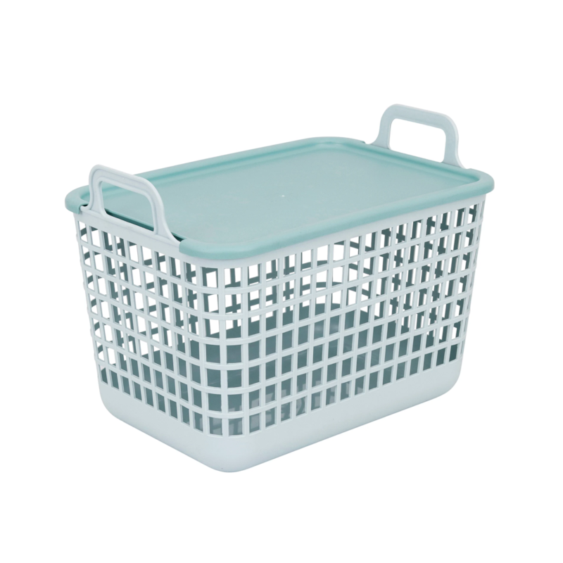 Cesto Organizador 15L Telado com Tampa e Alça Plástico Azul Ciano Oikos
