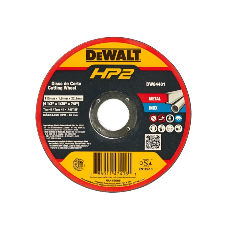 Disco de Corte Inox HP2 4 1/2" x 1,0mm x 7/8" Dewalt