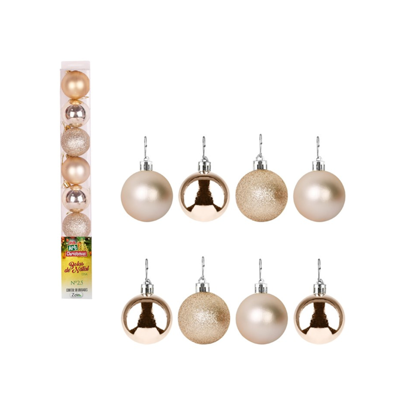 Enfeite Natalino Bola Lisa Champanhe 2,5cm com 8 Peças Zein