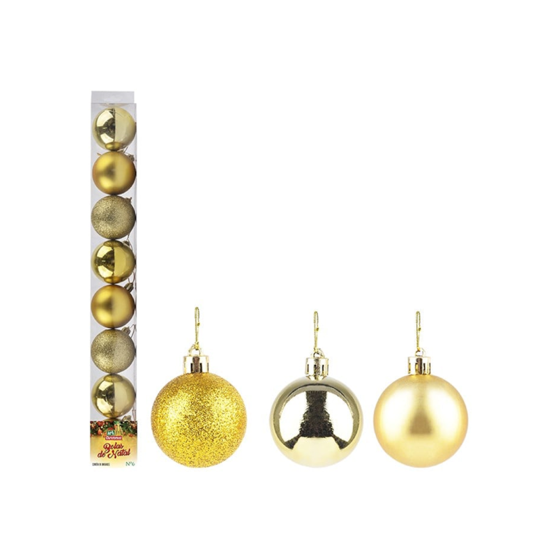 Enfeite Natalino Bola Lisa Dourada 6cm com 8 Peças Zein