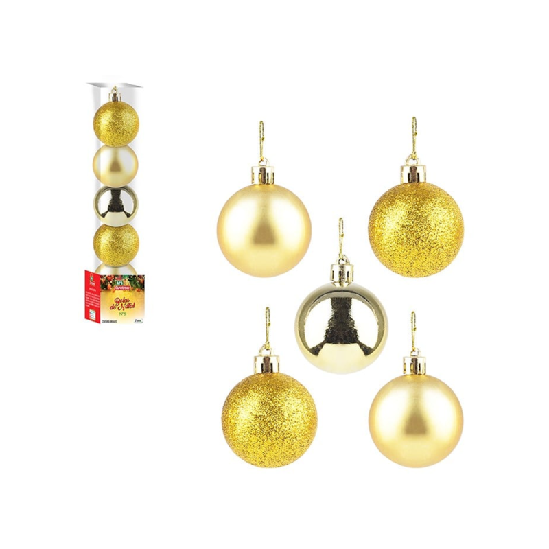 Enfeite Natalino Bola Lisa Dourada 8cm com 5 Peças Zein