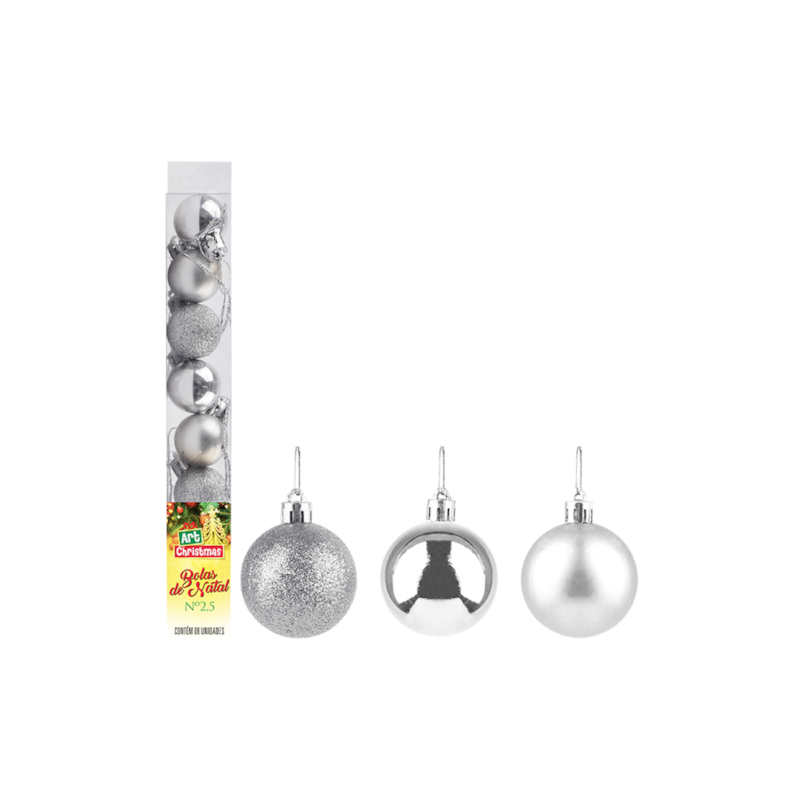 Enfeite Natalino Bola Lisa Prata 2,5cm com 8 Peças Zein
