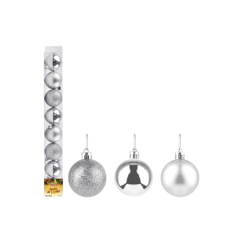 Enfeite Natalino Bola Lisa Prata 6cm com 8 Peças Zein