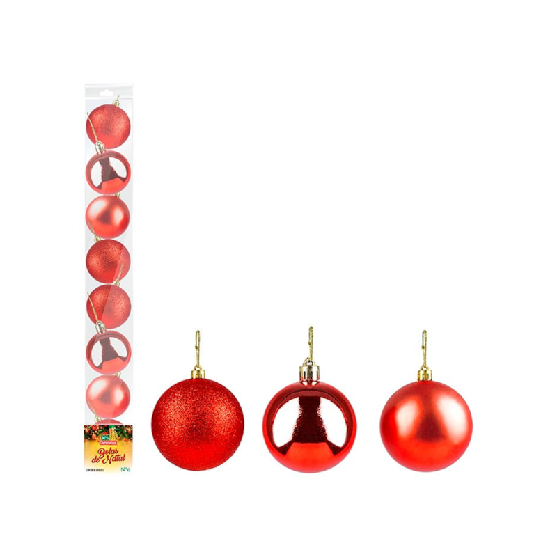 Enfeite Natalino Bola Lisa Vermelha 6cm com 8 Peças Zein