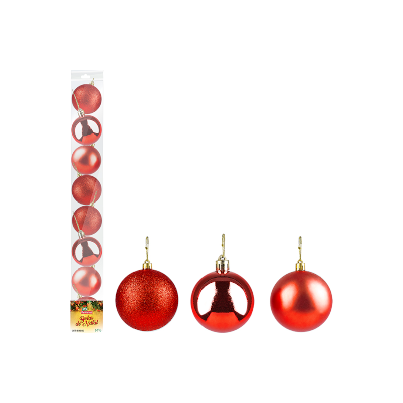 Enfeite Natalino Bola Lisa Vermelha 6cm com 8 Peças Zein