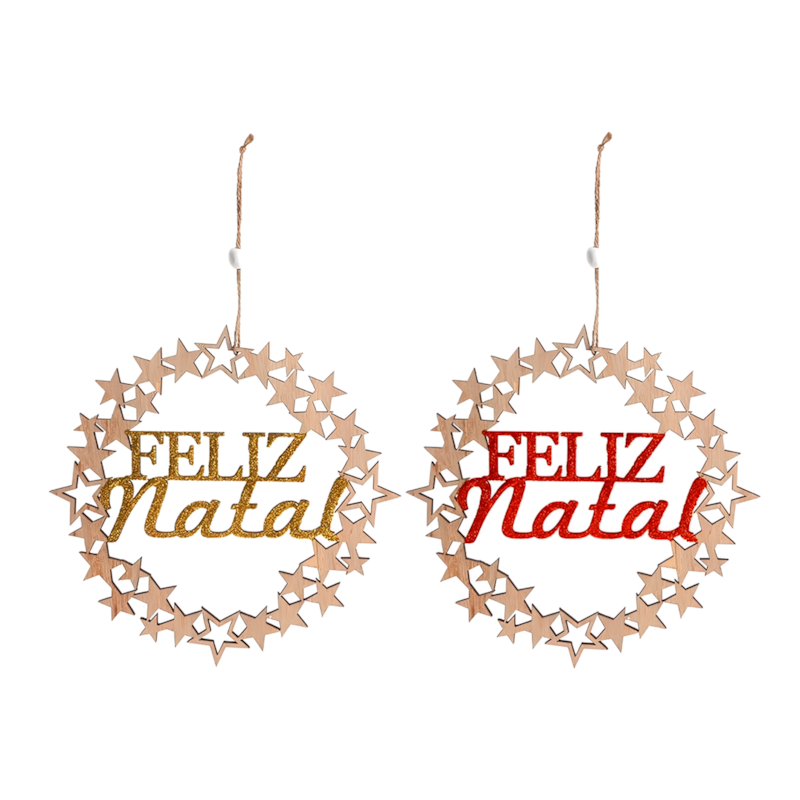 Enfeite Natalino Guirlanda de Madeira Feliz Natal 22cm Zein