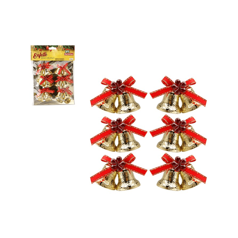 Enfeite Natalino Sino Duplo com 6 Peças 2,5x2,8cm Zein