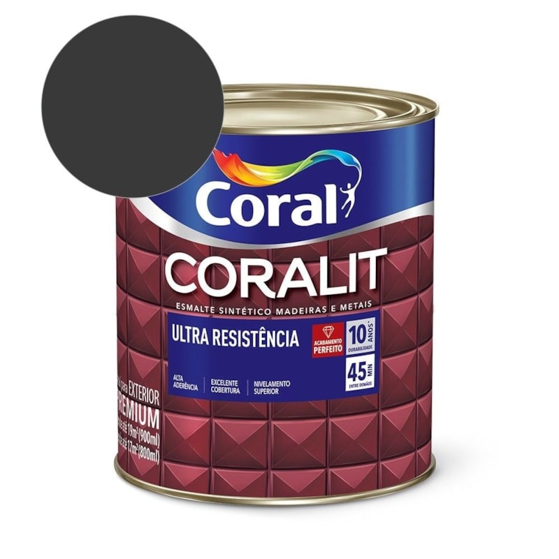 Esmalte Sintético Coralit Ultra Resistência Fosco Preto 900ml Coral