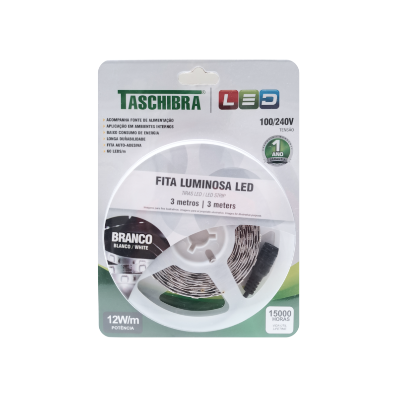 Fita LED 12W/M 3M 12V com Fonte 6500K Taschibra