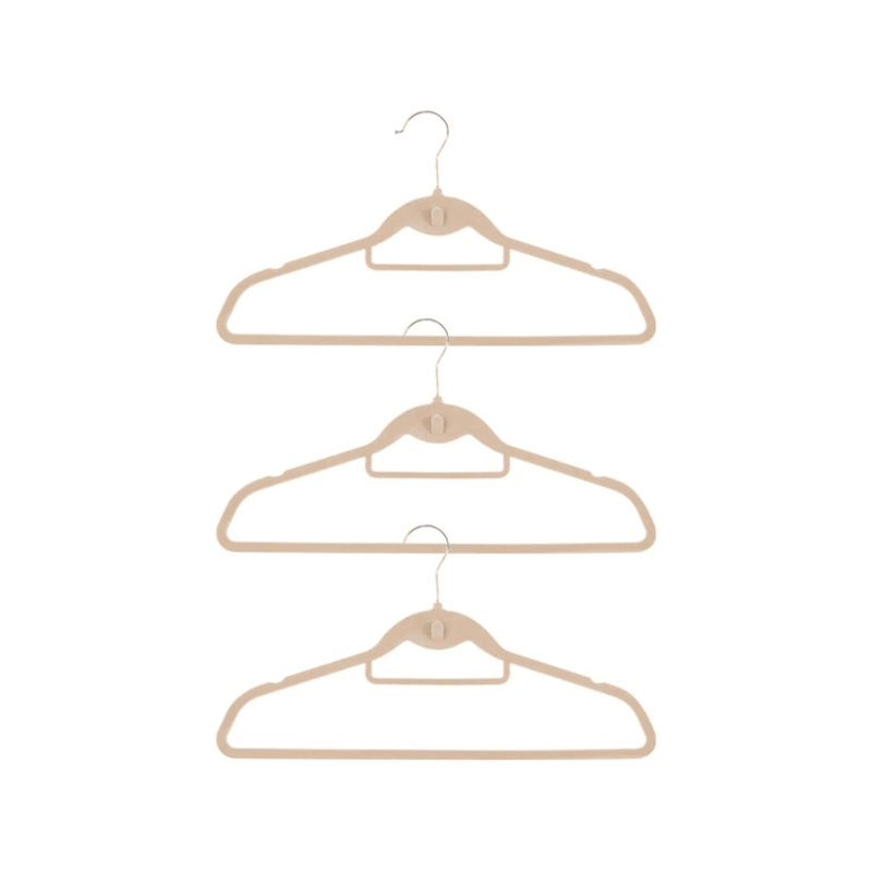 Kit 3 Cabides Veludo Bege com Gancho Frontal Oikos