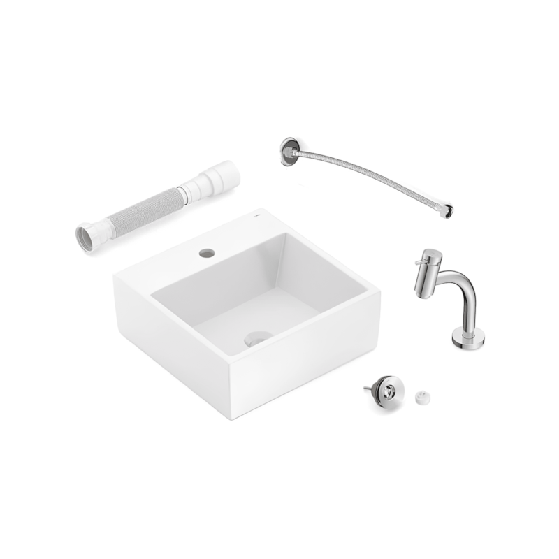 Kit Cuba de Apoio e Torneira Bica Baixa 41x41cm Basic Q1 Branca Celite