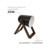Luminária de Mesa Cannon Preto e Madeira Escura Deluxe Avant