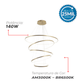 Pendente LED 5 Aros 140W 3000K/6500K Dourado Avant