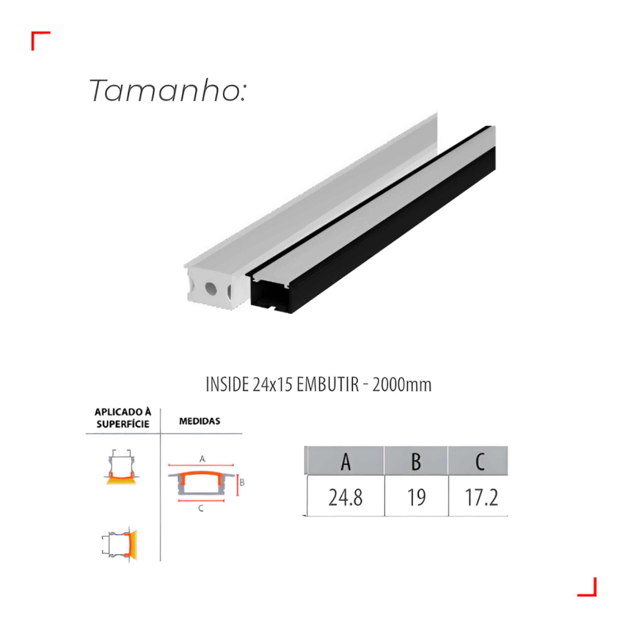 Perfil para Fita LED Risque Embutir Inside 2 Metros 2415 Preto Avant ...
