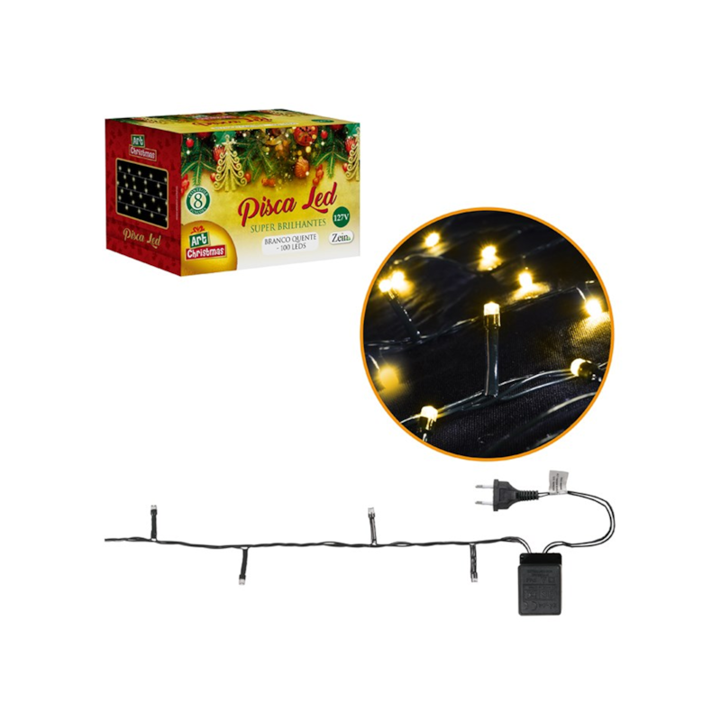 Pisca LED Branco Quente 100 LEDs 8m 220V Zein
