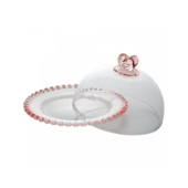 Quejeira de Cristal com Tampa e com Borda de Coração Rosa 19,5x13cm Lyor