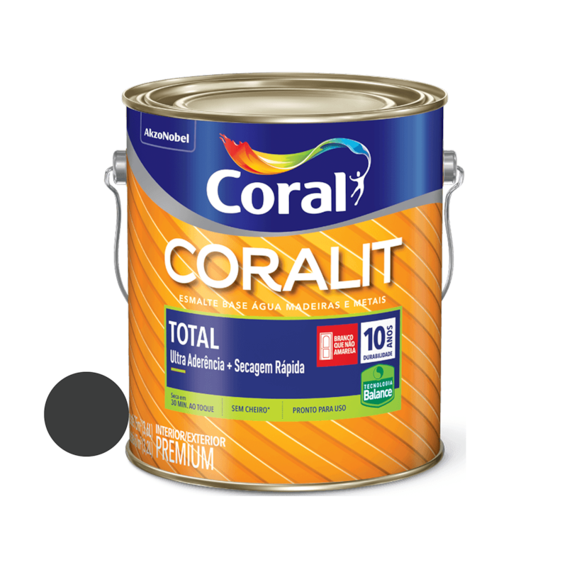 Tinta Esmalte Base Água Coralit Total Brilhante Fosco Preto 3,6L Coral