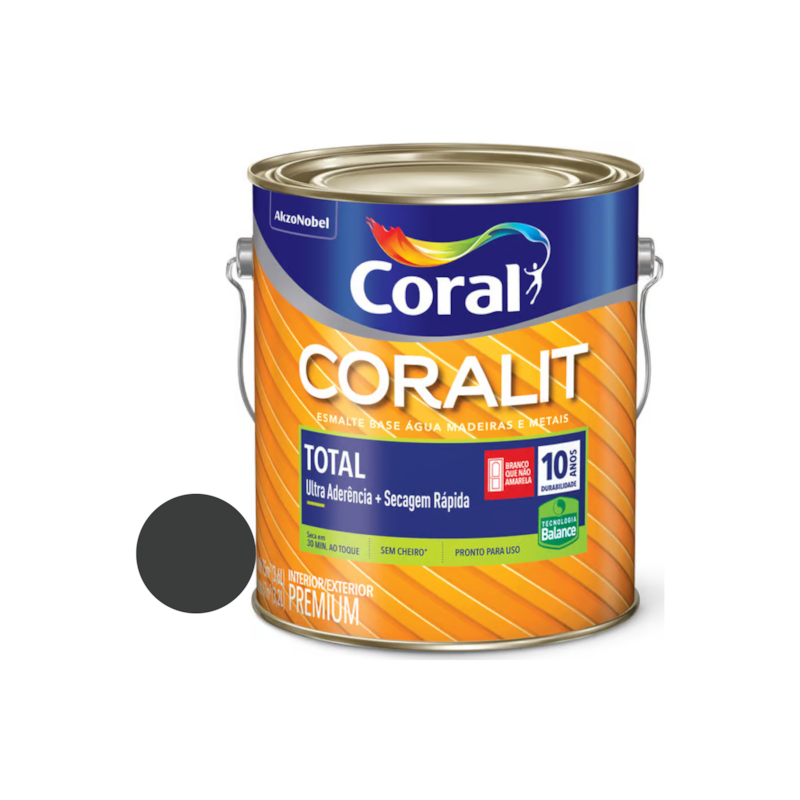 Tinta Esmalte Base de Água Coralit Total Brilhante Preto 3,6L Coral