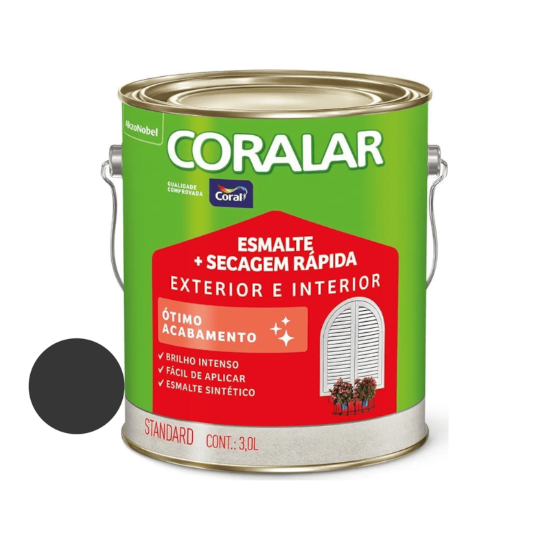 Tinta Esmalte Coralar Secagem Rápida Brilhante Preto 3L Coral
