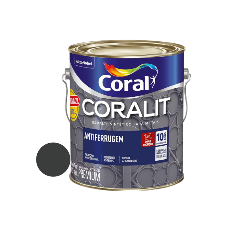 Tinta Esmalte Coralit Antiferrugem Brilhante Preto 3,6L Coral
