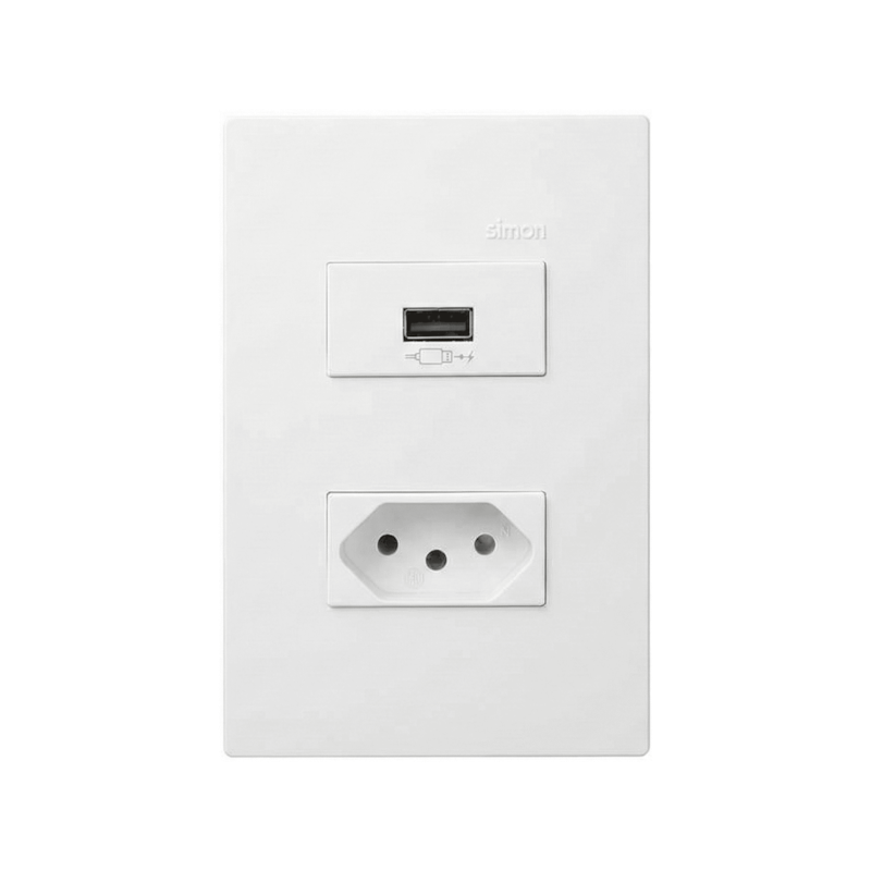Tomada 2P+T 10A + USB 2.1A Branco Fosco 35 Simon
