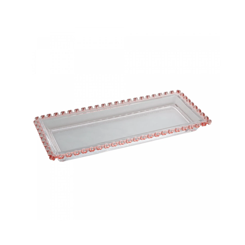 Travessa Retangular de Cristal Coração Borda Rosa 30x13cm Lyor